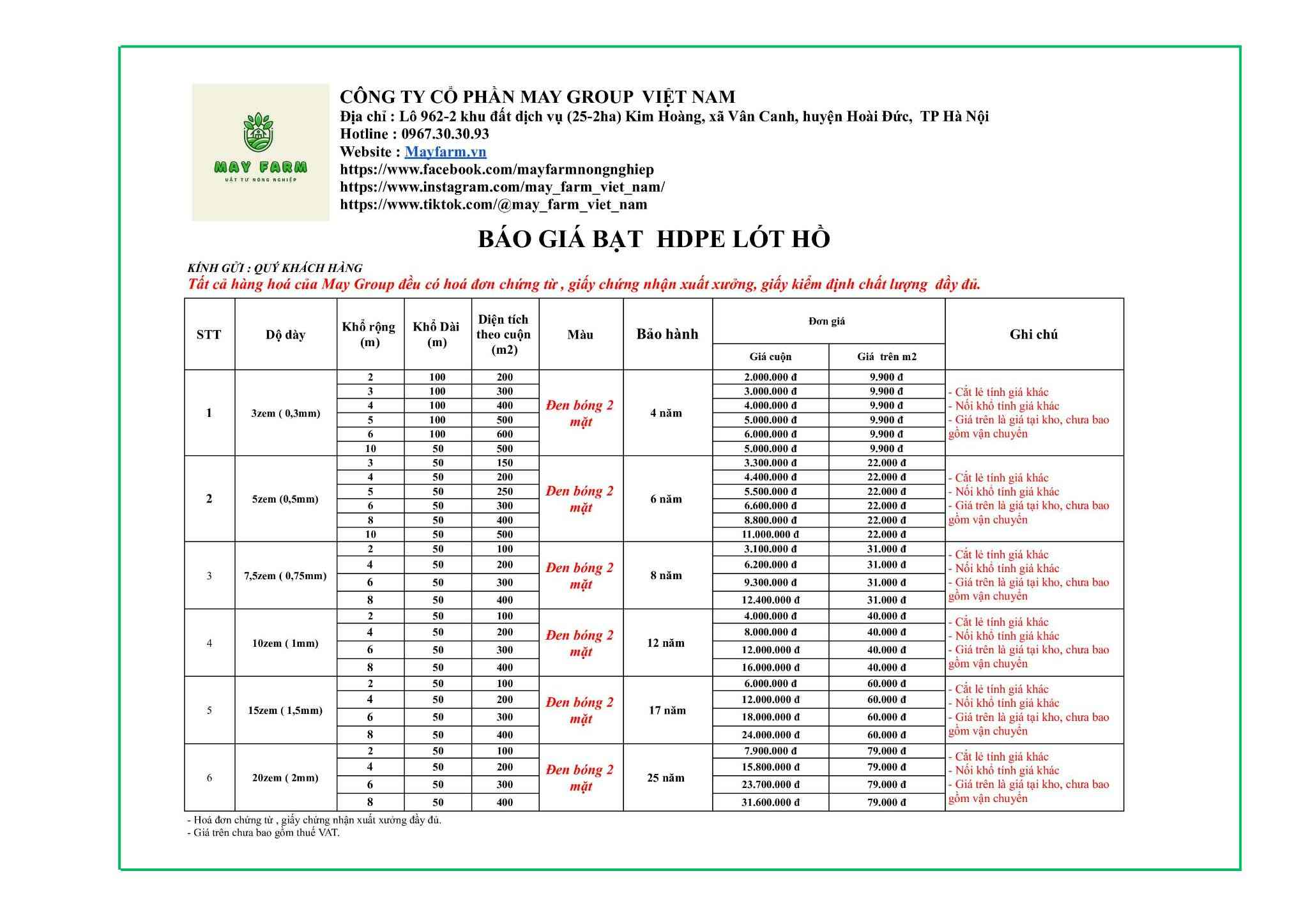Báo giá bảng giá bạt HDPE 1.5mm